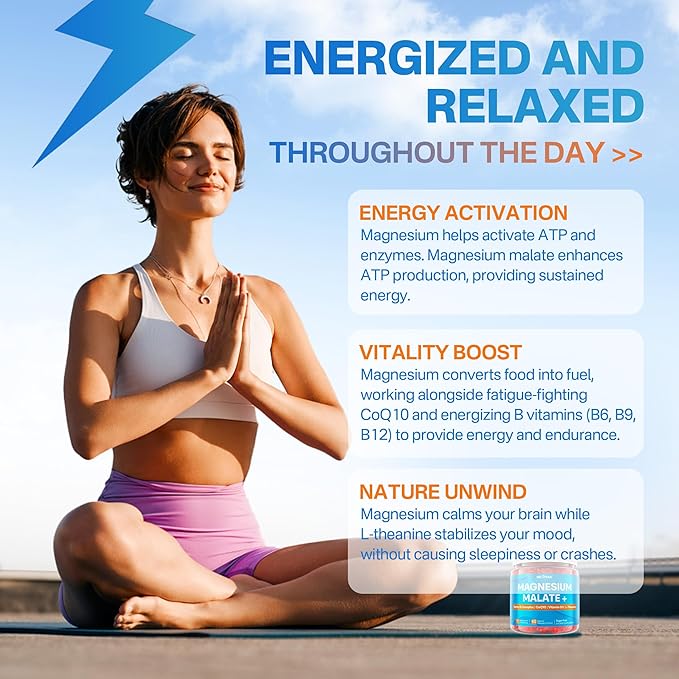 Magnesium Malate Energy Gummies Plus L-Theanine CoQ10 Methyl B12 Methylfolate B6 &amp D3-400mg Magnesium Gummy Sugar Free for Women Men Supports Muscle Function Calm &amp Relax Vegan 60 Cts