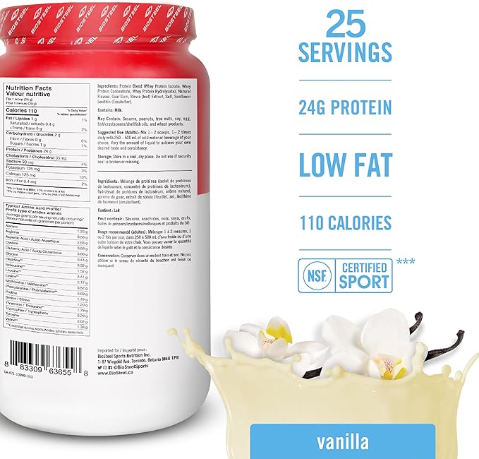 BIOSTEEL Sports Vanilla 100% Whey Protein Powder Supplement rBGH Hormone Free &amp Non-GMO Post Workout Formula 25 Servings 25.5 Ounces Trusted by Pro Athletes NSF for Sport