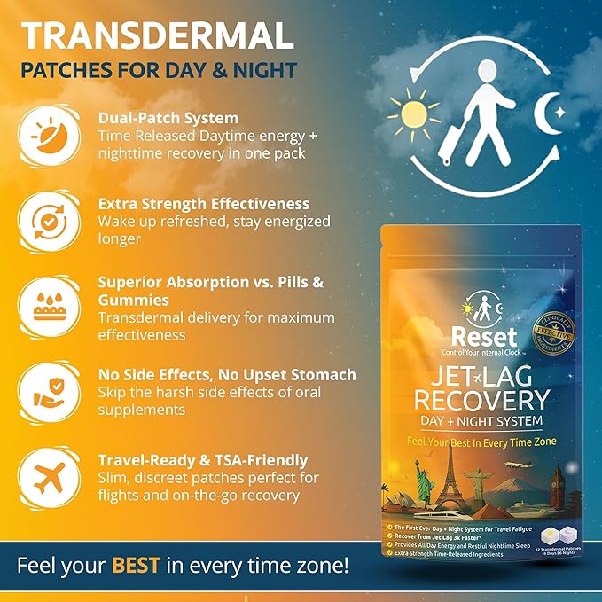 Reset Jet Lag Recovery System | Day and Night Transdermal Patches with Extra Strength Melatonin Magnesium and B Vitamins | Travel Fatigue Relief Sleep Support | Energy Boost (2 Traveler Bundle)