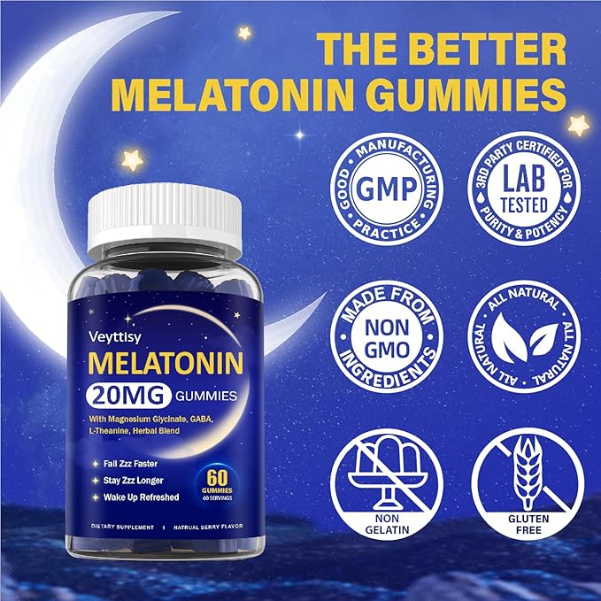 Melatonin 20mg Gummies for Adults - Max Strength Melatonin Gummy Supplement with Magnesium Glycinate B6 B12 L-Theanine GABA &amp Herbs - Non-Habit Forming Vegan Natural Mixed Berry Flavor