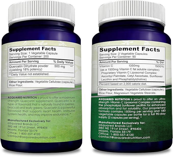 aSquared Nutrition Bundle for Quercetin 500mg &amp Vitamin C Liposomal Complex 1500mg - Immune Support