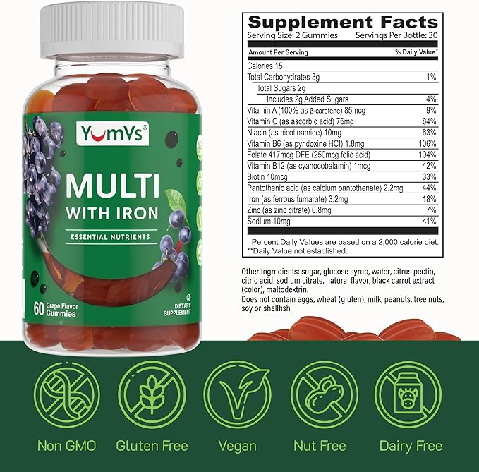 YUM-V'S Iron Gummies - Multivitamin Iron Supplement with Vitamin C A B &amp Zinc Supports Blood Oxygen Vegan Supplements for Women Men &amp Kids for Growth and Development - Grape Flavor | 2-Pa
