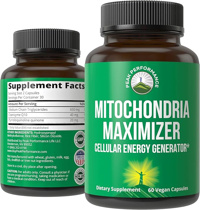 Peak Performance Mitochondria Maximizer with CoQ10 and Active PQQ. Best Mitochondrial Support Supplement with MCT Oil. Natural Cellular Generator for Clean Energy Support. 60 Vegetarian Capsules