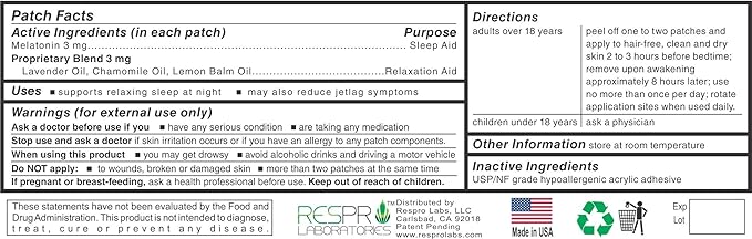 Respro Labs Natural Melatonin (3 mg) Relaxing Patch with Soothing Lavender Chamomile and Lemon Balm Essential Oils Continuous Release - 24 Patches