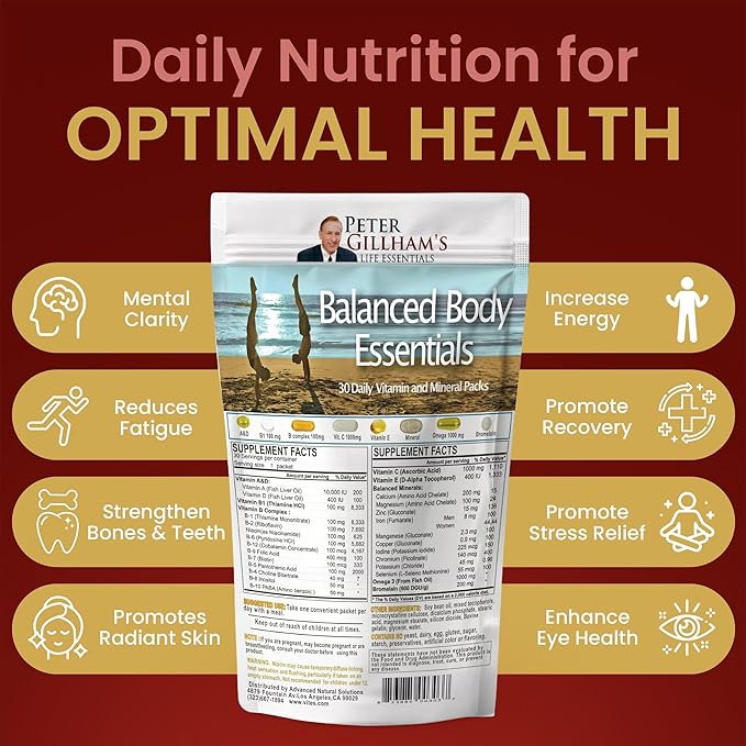 Balanced Body Essentials Daily Multivitamins &amp Minerals 30 Pack for Healthy Digestion immunie System Skin Bones Teeth Brain &amp Eyes. Peter Gillham's