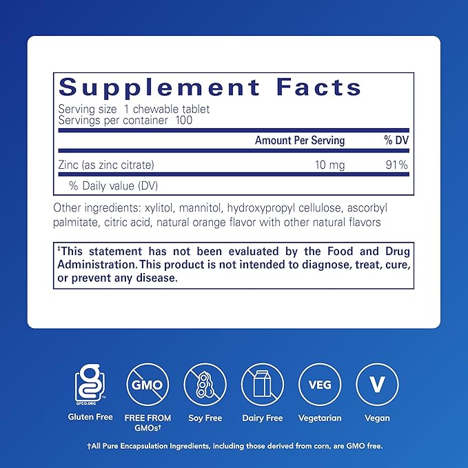 Pure Encapsulations Zinc Chewables | Supplement for Immune System Support Growth and Development and Wound Healing | 100 Chewable Tablets | Natural Orange Flavor