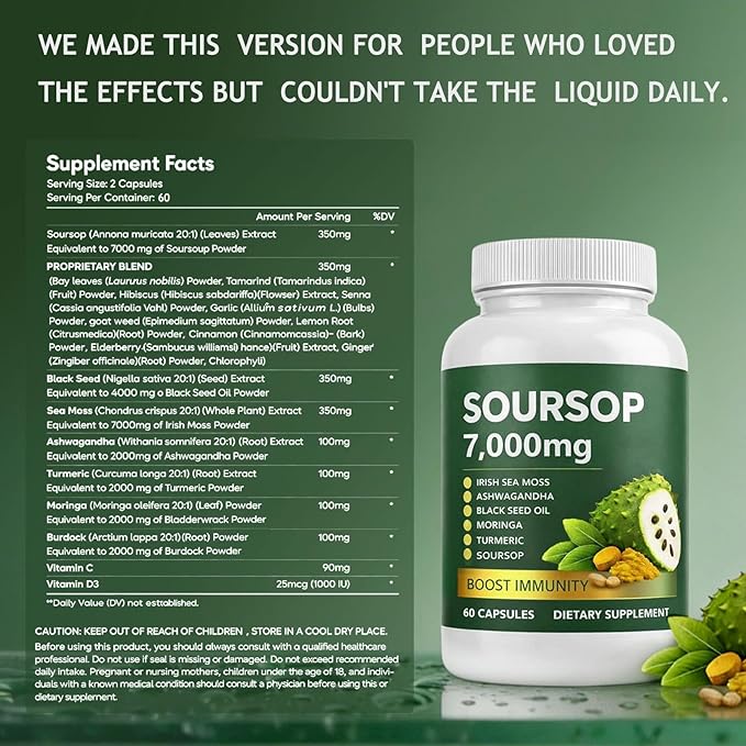 Soursop Bitterness Extract Soursop Bitters Liquid Drops Soursop Capsules with Sea Moss Moringa Turmeric Oil Black Seed Oil Oregano for Overall Health Joint Support (2)