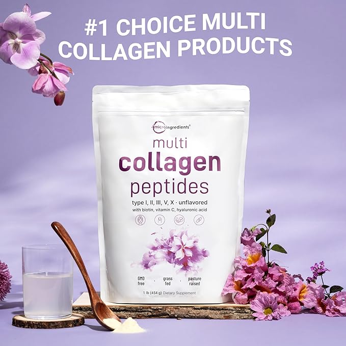 Micro Ingredients Multi Collagen Peptides Powder 1lb – Hydrolyzed Type IIIIIIVX with Biotin Hyaluronic Acid Vitamin C – Unflavored Collagen for Women &amp Men Easy Dissolve 41 Servings