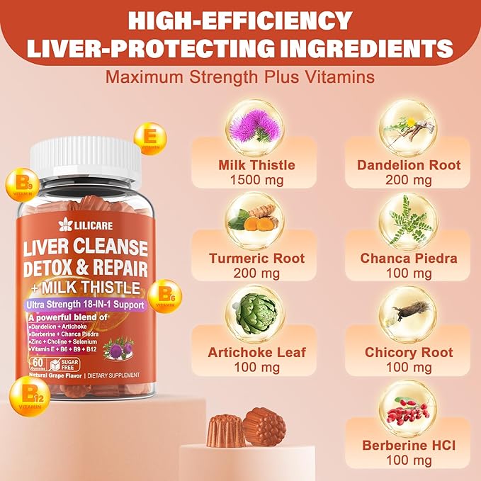Milk Thistle Liver Detox Gummies 18-IN-1 Liver Cleanse Detox &amp Repair Supplement with Berberine Chicory Root Turmeric Artichoke Dandelion Root Chanca Piedra Vitamins B6 B12-Sugar FreePack