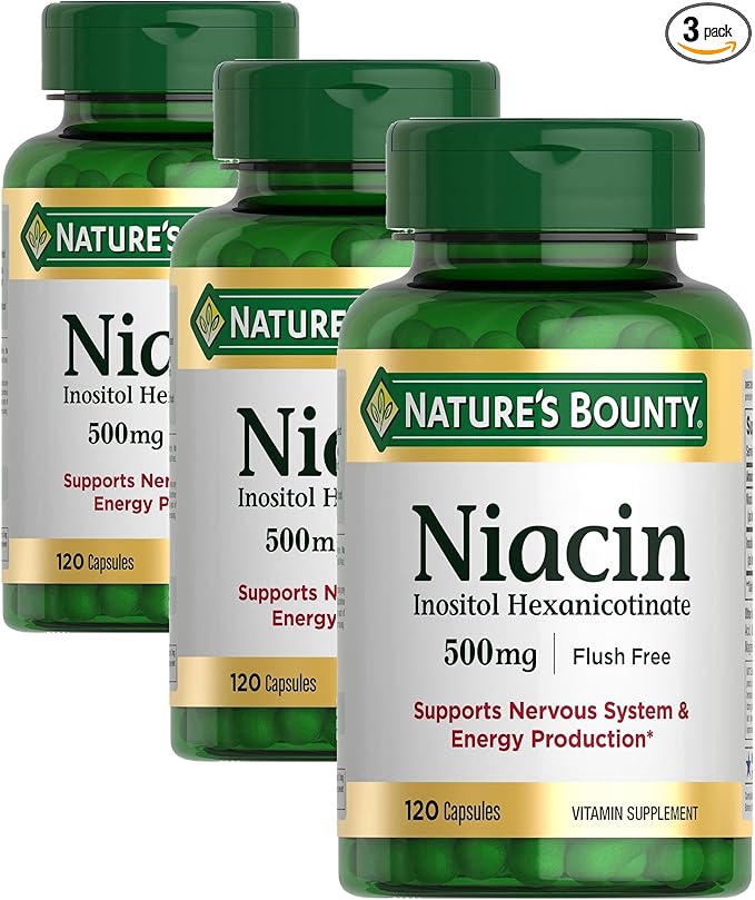 Nature's Bounty Niacin 500mg Flush Free Cellular Energy Support Supports Nervous System Health 120 Capsules (Pack of 3)
