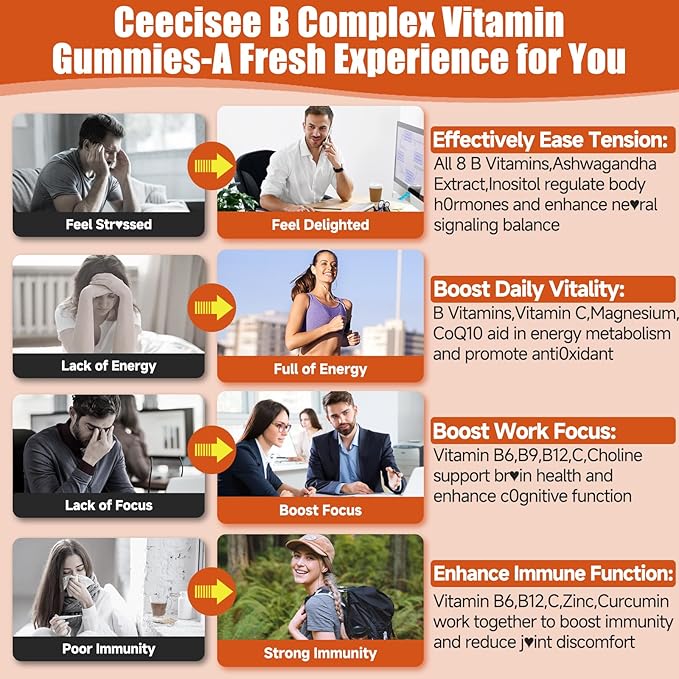 Natural Methylated Vitamins B Gummies: Chewable Supplement Complex with B1 B2 B3 B5 B6 B7 B9 B12 Zinc Magnesium Ashwagandha for Daily Energy Support - for Vegan Work Adults(60Count)