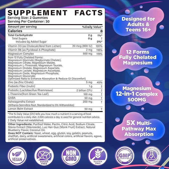Magnesium 12 in 1 Complex Magnesium Complex Gummies 500mg Supplement for Women Men Chelated Calm Sleep Magnesium Glycinate Citrate Malate w/L-Theanine Ashwagandha Pre &amp Pro for Muscle &amp Gut