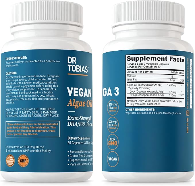 Dr. Tobias Vegan Omega 3 Algae Oil and Prebiotics for Enhanced Immune Function Vegan &amp Non-GMO Gut Health Supplements for Men and Women