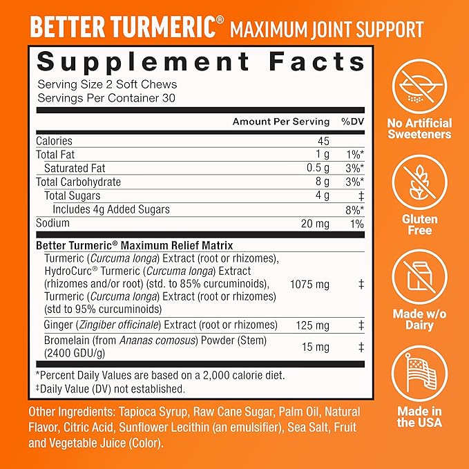 Force Factor Better Turmeric Maximum Joint Support 1075mg Curcumin Total Beets Ultimate Heart Health Blood Pressure Support Chews with CoQ10 120 Soft Chews