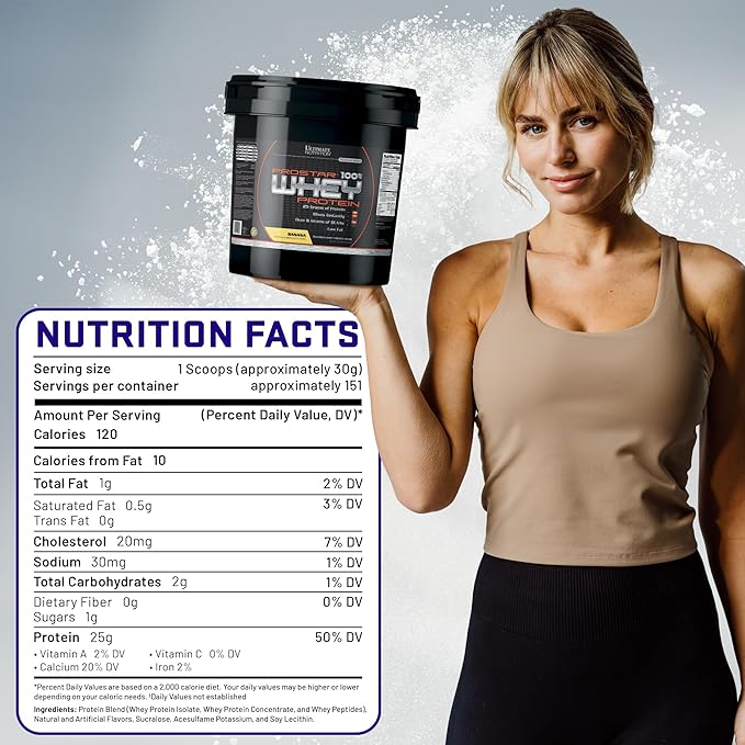 Ultimate Nutrition Prostar Whey Protein Powder Isolate Banana - Low Carb High Protein Powder Shake for Muscle Gain &amp Recovery - Low Sodium Low-Fat &amp Keto Friendly - 10 lbs Bucket
