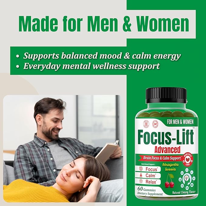 Focus-Lift Ashwagandha Gummies for Adults – Brain Supplement for Men &amp Women - Ashwagandha Supplements Calm Gummies for Stress Support Brain Health &amp Memory – 60 Gummies
