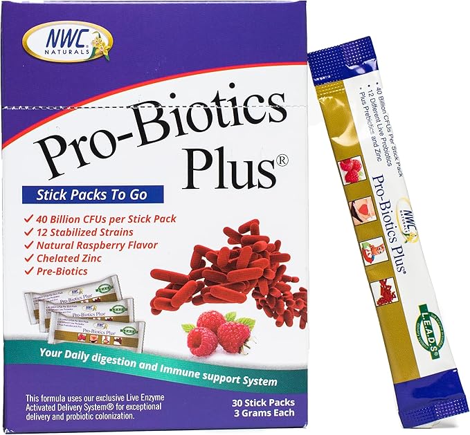 NWC Naturals Pro-Biotics Plus Stick Pack of 30 On the Go Pro-Biotic Powder Packets for Men Women &amp Kids - Immune System Support Natural Probiotic and Prebiotics Supplement