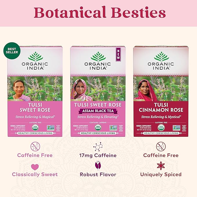 ORGANIC INDIA Tulsi Cinnamon Rose Tea - Tulsi Rose Tea Bags Cinnamon Tea Bags w/Holy Basil Chamomile Caffeine Free - 18 Infusion Bags 3 Pack