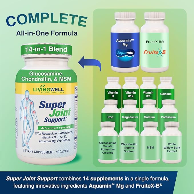 SUPER JOINT SUPPORT Glucosamine Chondroitin &amp MSM for Bone &amp Muscle Health - Joint Supplement for Men &amp Women with Vitamin D B12 Magnesium Potassium &amp Calcium - All in One Support -