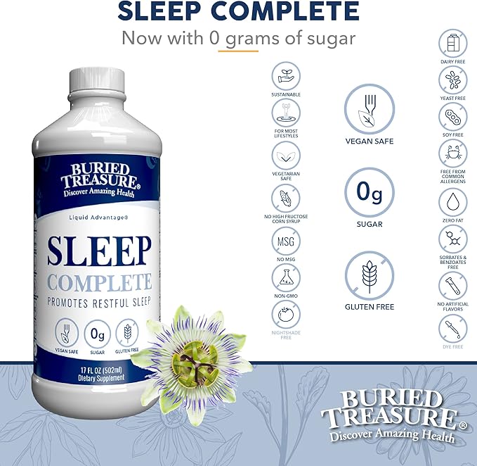 Buried Treasure Sleep Complete Promotes Restful Sleep with Chamomile Passion Flower Lemon Balm Melatonin Herbal Whole Food Complex 16 oz