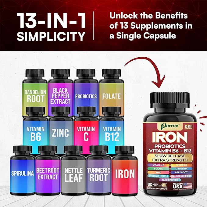Iron Supplement Slow Release Iron Probiotics Spirulina Turmeric Vitamin B6 Methylated B12 Vitamin C Zinc Beetroot Nettle Leaf Dandelion Root Black Pepper Extra Strength 60 Capsules 2Pack