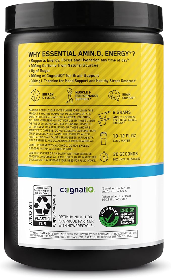 Optimum Nutrition Amino Energy Powder Plus Focus with BCAA Electrolytes and Caffeine Pineapple Twist 30 Servings (Packaging May Vary)
