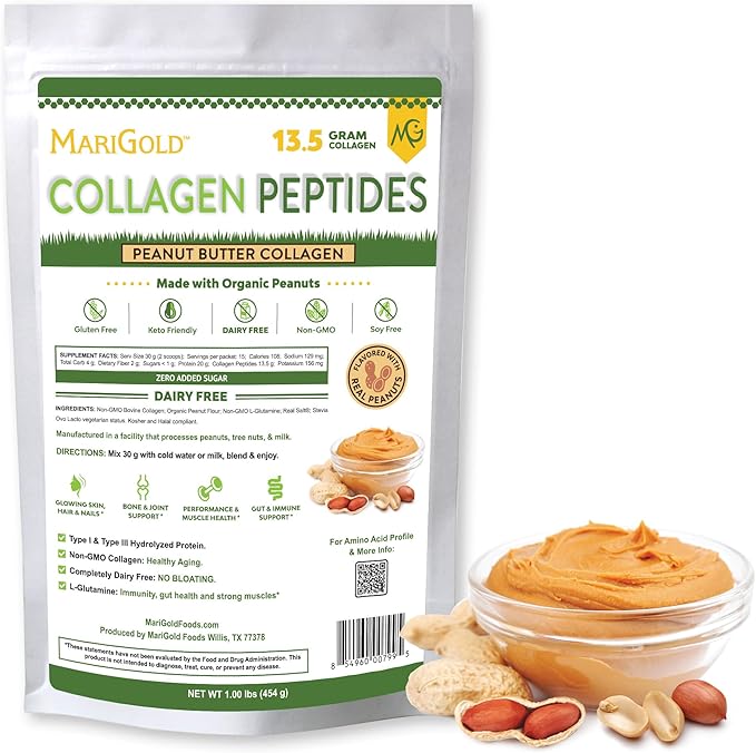MariGold Grass-fed Collagen Peptides Powder Peanut Butter 1LB - 100% Pure Type I &amp III Bovine Hydrolyzed Collagen Non-GMO Hormone Free Soy Free Gluten Free Dairy Free Keto-Friendly