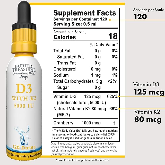 Buried Treasure Vitamin D3 &amp K2 Drops - 5000 IU D3 with 100 mcg K2 for Bone Heart &amp Immune Support Sugar Free 2 fl oz