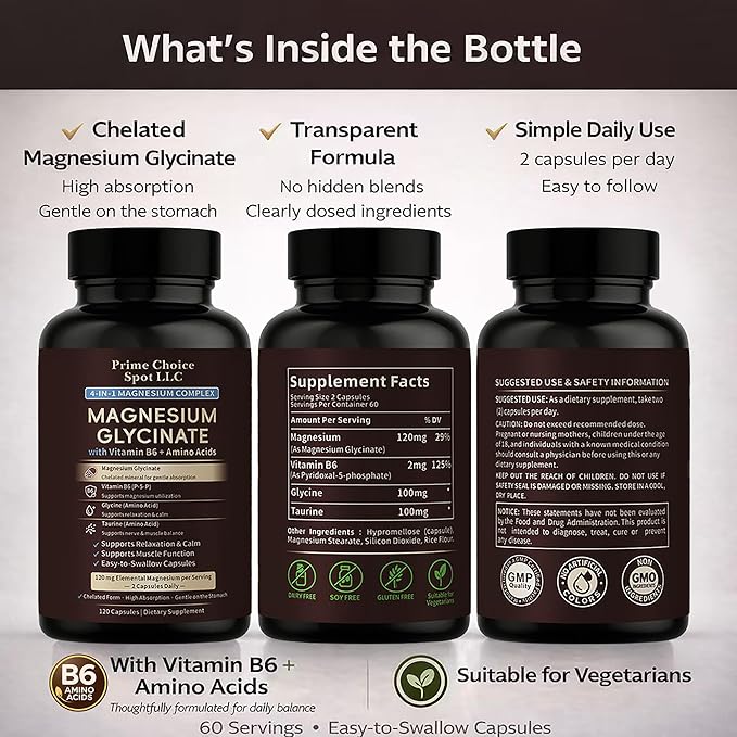 Magnesium Glycinate 120 mg Capsules with Glycine Taurine &amp Vitamin B6 (P-5-P) – Chelated Magnesium Supplement – 120 Capsules