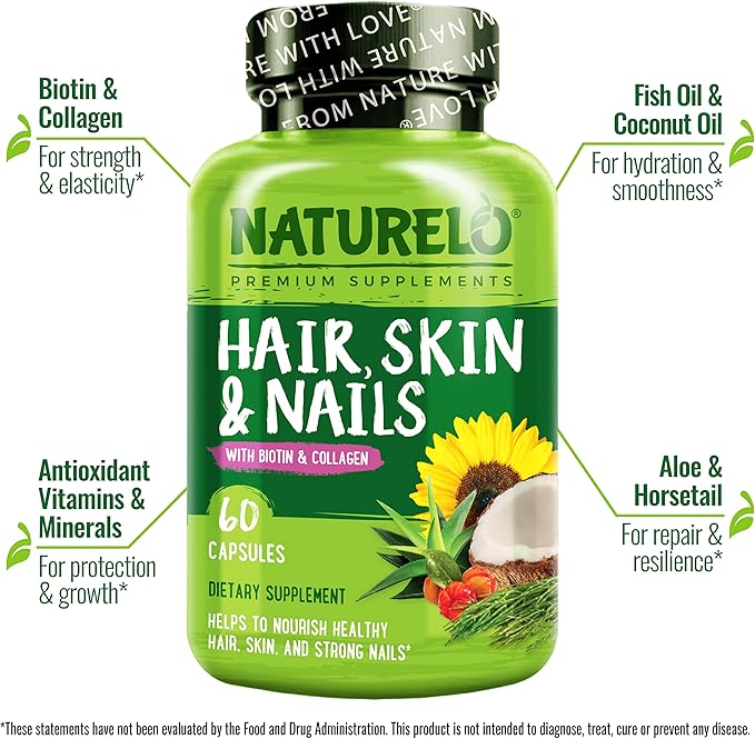 NATURELO Hair Skin and Nails Multivitamin 60 Count Collagen Peptide Powder 45 Servings