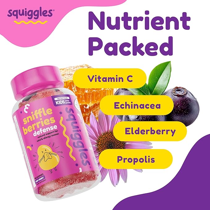 Squiggles Sniffle Berries (100 Count) + Daily Iron Gummies (100 Count) Duo - Tasty Chewy Gummy - Kids Immune Booster