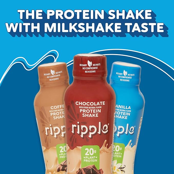 Ripple Plant Based Protein Shake Variety Pack | 20g of Quality Sourced Pea Protein Calcium Rich | Shelf Stable | Vegan &amp Non GMO | Dairy Soy Nut &amp Gluten Free | 12 Fl Oz Bottles (Pack of 1