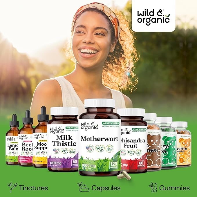 Wild &amp Organic Motherwort Capsules 1000 mg - Calmness &amp Women's Support - Natural Motherwort Supplement - 60 Days of Supply - 120 Vegan Herb Capsules - Non-GMO Gluten-Free No Additives