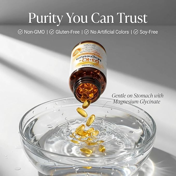 Vitamin D3 K2 Magnesium Bone &amp Muscle Support 10000 IU D3 with 200 mcg K2 MK-7 Magnesium Glycinate &amp Zinc Citrate 300 Softgels
