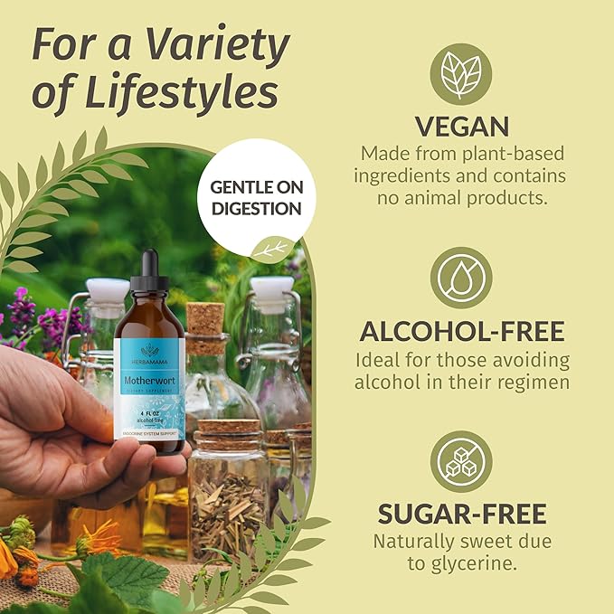HERBAMAMA Motherwort and Ashwagandha Kit - Bundle of Liquid Motherwort Tincture 4 fl oz &amp Ashwagandha Gummies - Vegan Non-GMO Gelatin &amp Alcohol-Free - 2 Pack