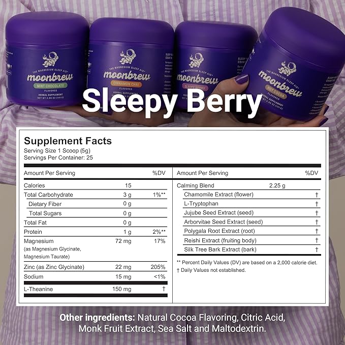 MoonBrew Nighttime Magnesium Sleepy Berry Smoothie Natural Sleep Aid Drink Mix for Adults 3-Pack - Calming Melatonin-Free Sleep Support with L-Theanine Chamomile &amp Zinc Glycinate - 75 Servings