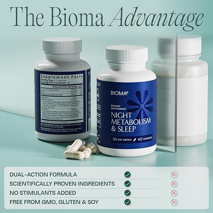 BIOMA Night Metabolism &amp Sleep - Supports Digestion Energy Metabolism &amp Restful Sleep with Melatonin Vitamin D Magnesium &amp More - 60 Capsules (30-Day Supply)