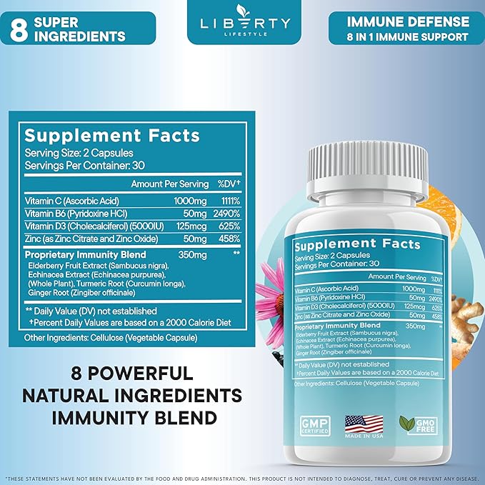 8 in 1 Immune Supplement with Echinacea Vitamin C and Zinc 50mg Vitamin D 5000 IU Turmeric Curcumin &amp Ginger B6 Elderberry 60 Capsules