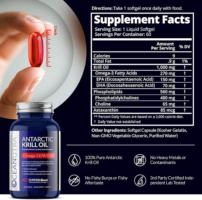 100% Pure Krill Oil 1000MG 120-Day Supply Double Strength 56% Phospholipids Astaxanthin Sustainable Antarctic SuperbaBoost Omega 3 EPA DHA Heart Brain Skin Care Third-Party Tested No Fish Oil