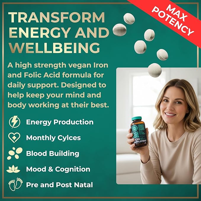 Vegan Iron Supplement for Women with Folic Acid - 35 mg Blood Builder Ferrous Sulfate Folic Acid 400 mcg - Iron Pills for Women with Anemia &amp Pregnancy Support - 180 Gluten-Free Tablets - 3Pack