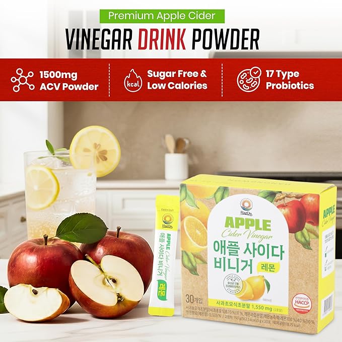 HaeOn Apple Cider Vinegar Drink Powder Stick – On-the-Go with 1500mg ACV 30 Sticks Sugar-Free Probiotics | Supports Digestion (Pack of 30 Lemon)