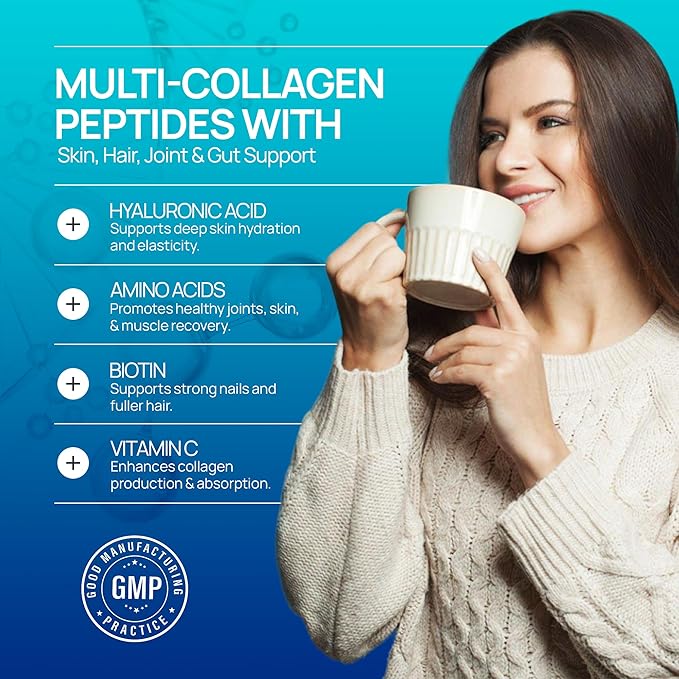 Collagen Peptides Powder for Hair Skin Nails Joints &amp Digestion – Multi-Collagen Types I II III V &amp X with Biotin Hyaluronic Acid &amp Vitamin C – Unflavored Sugar-Free (1.1 lb / 500g