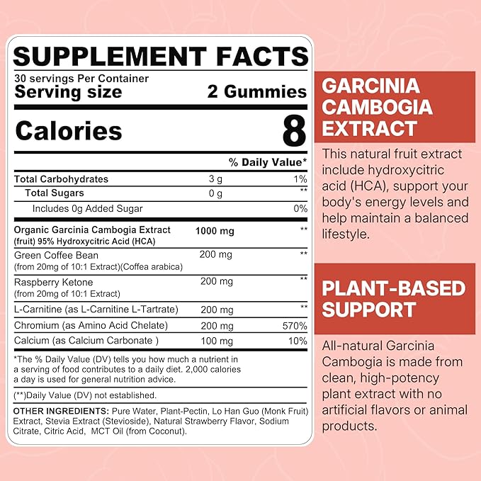 Sugar Free Garcinia Cambogia Gummies 1000mg 95% HCA Pure Extract with L-Carnitine Raspberry Ketone Chromium Green Coffee Bean for Metabolism 100% Organic Extract Vegan Strawberry Flavor 60 Cts