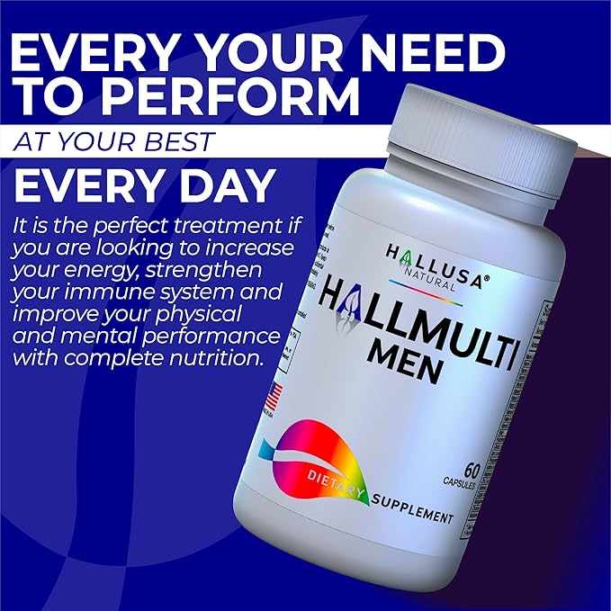 Hallusa Natural HallMulvit Men - Multivitamin for Men Heart Muscle &amp Immune Support + Biotin Iron Vitamin B12 Vitamin C Vitamin E Folate Calcium Magnesium Zinc &amp More - 60 Capsules