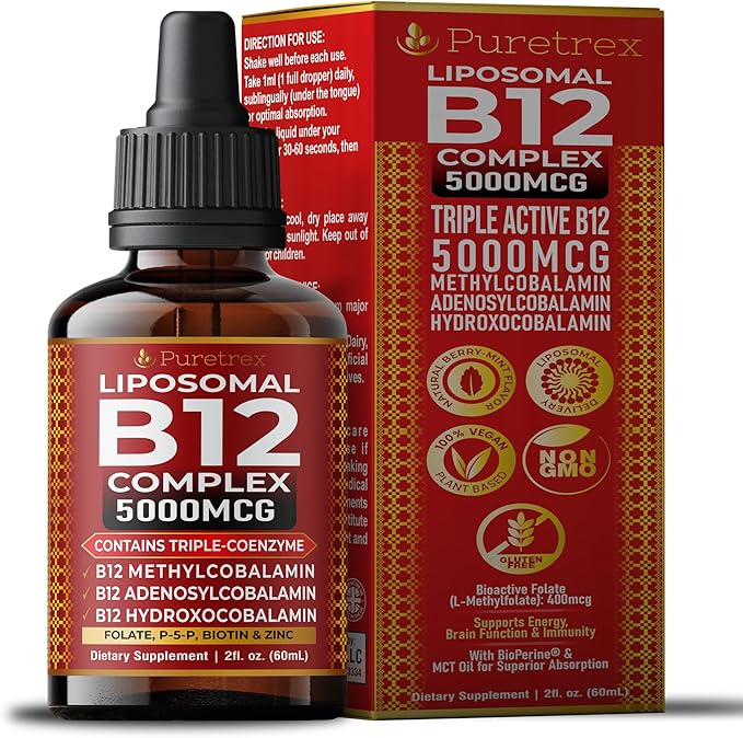 Liposomal B12 Triple Active Complex 5000mcg Liquid Drops Methylcobalamin B12 with Folate Liposomal Liquid Formula Easy Daily Use