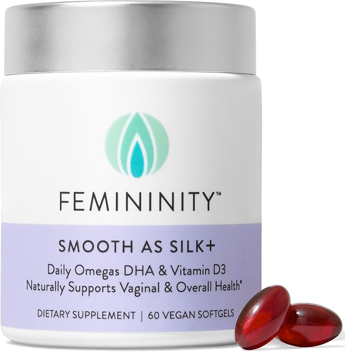 Femininity Smooth as Silk+ 30-Day Starter Kit for Vaginal Dryness (60 Softgels &amp Refillable Glass Jar) – Blend of Sea Buckthorn Oil Vitamin D3 and Plant-Based Omega-3 DHA