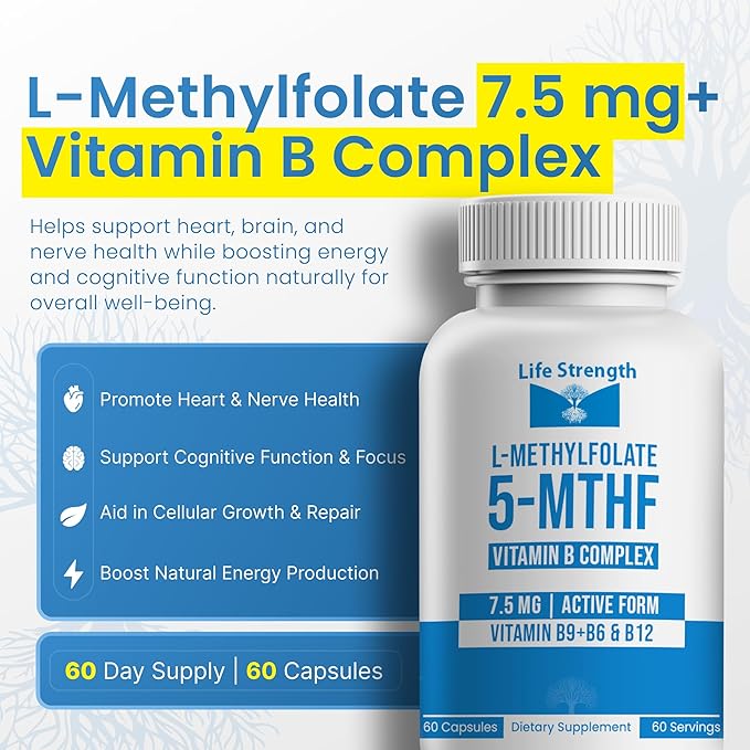 L-Methylfolate 7.5mg + Vitamin B Complex - 5-MTHF B6 &amp B12 Methylcobalamin - 60 Capsules - Professional Strength Active Methyl Folate - Non GMO Gluten Free No Fillers (2-Month Supply)