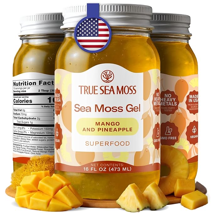 TrueSeaMoss Sea Moss Gel – Made in USA – Wildcrafted Seamoss Fruits &amp Jarred Vegetables – Mango/Pineapple Pack of 1 (Labels may Vary)