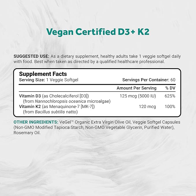 Naturalis Vegan Vitamin D3 + K2 from Algae | 5000iu Vitamin D with 120mcg MK7 Vitamin K | Vegan Society Certified Sustainably Sourced Better Than Animal Derived | 60 Veggie Softgels