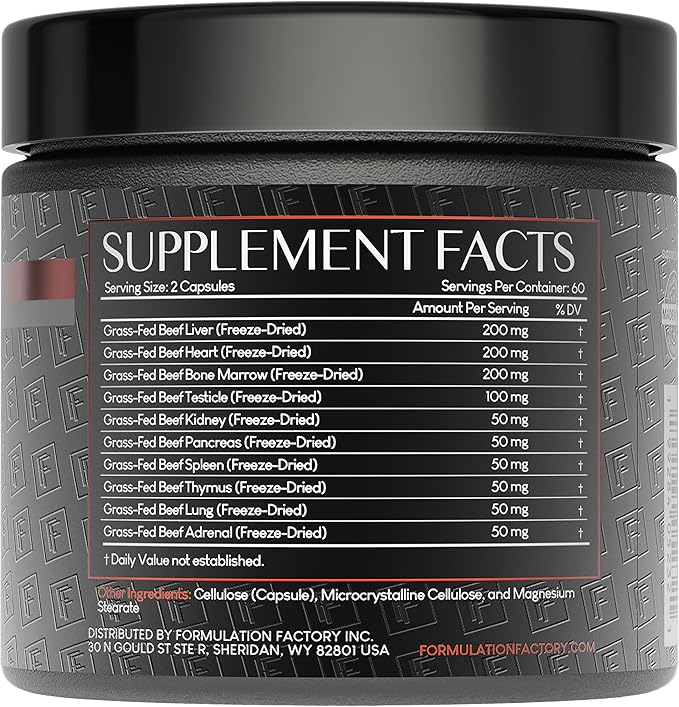 Formulation Factory Primal Power 10-in-1 Grass-Fed Organ Supplement with Beef Liver Heart Marrow Testicle Kidney Supports Vitality Hormones Energy Immunity (6 Month Supply 360 Capsules)